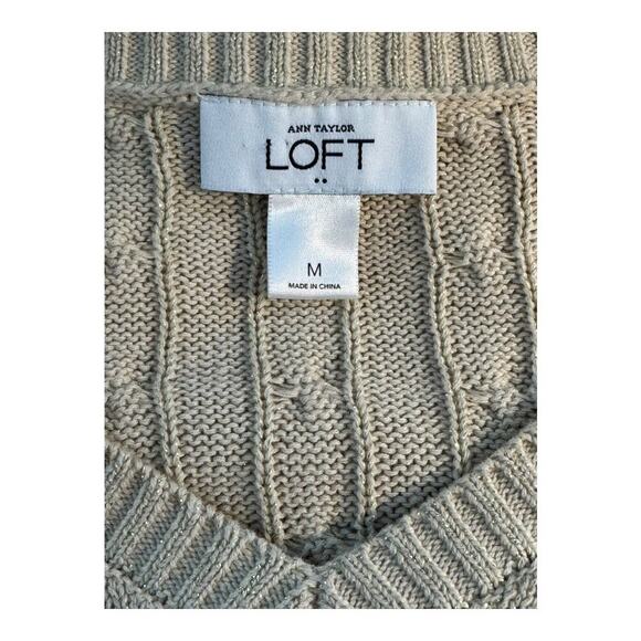 Ann Taylor LOFT Women's Medium Glittery Gold Cable Knit V-Neck Pullover Sweater - Picture 4 of 7